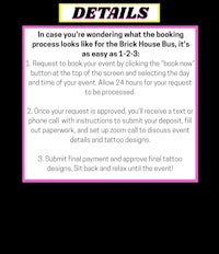 a flyer with the words details in pink and black